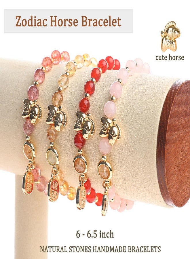 Moslovstar Horse Beaded Stretch Bracelet Rose Quartz Chinese New Year Zodiac Good Luck Jewelry for Women Natural Stone Festival Accessory, 6mm Round - Image 3